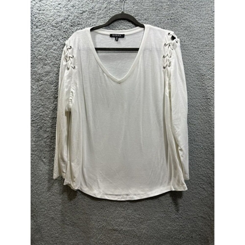 REBEL WILSON X ANGELS 2X Blouse White V Neck Cold Lace Up Shoulder Top 2X